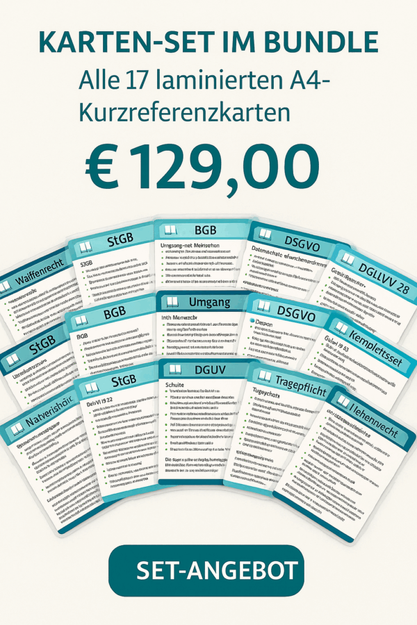 Set-Angebot: 17 laminierte A4-Kurzreferenzkarten zur §34a GewO-Prüfung (Komplettpaket)