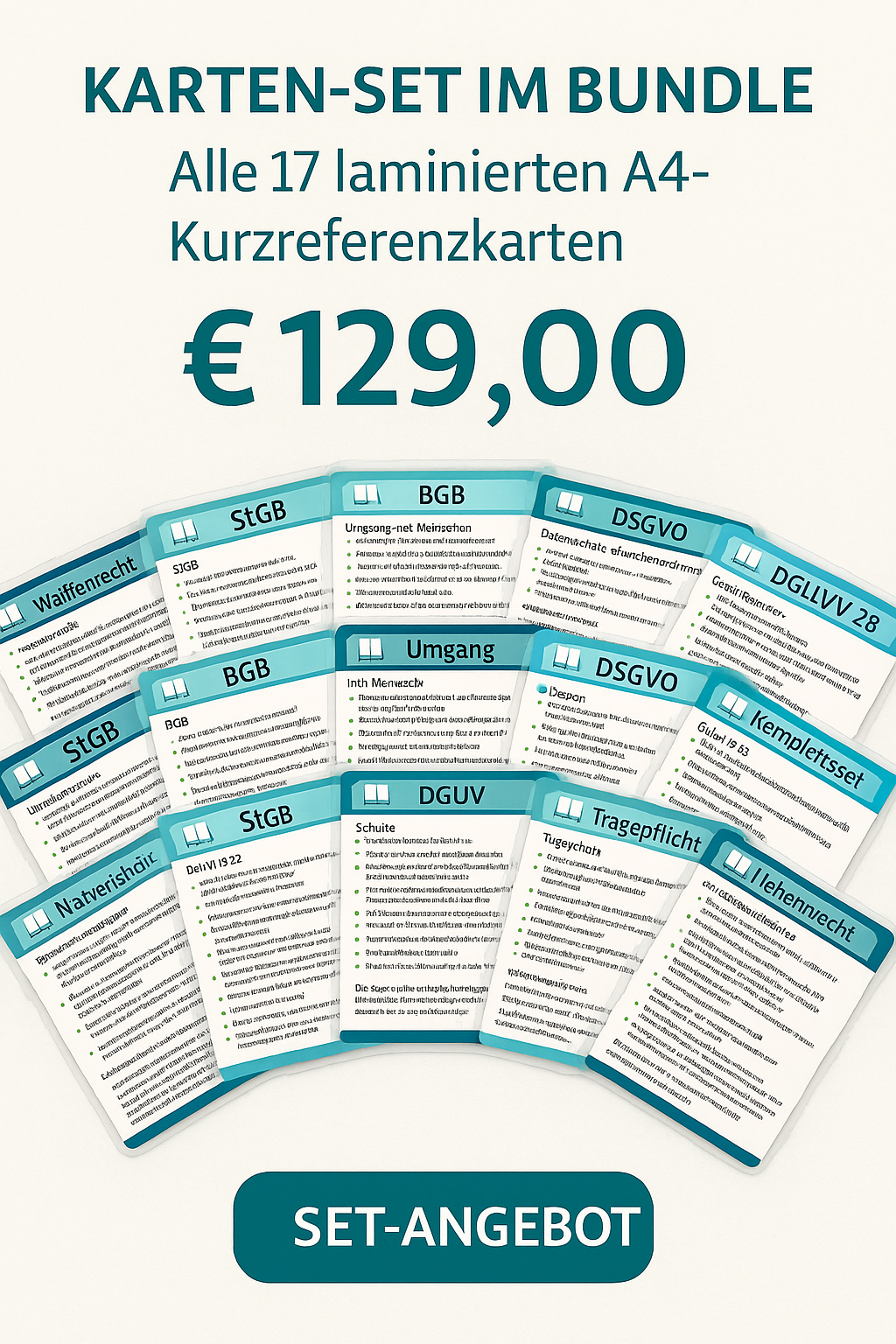 Set-Angebot: 17 laminierte A4-Kurzreferenzkarten zur §34a GewO-Prüfung (Komplettpaket)