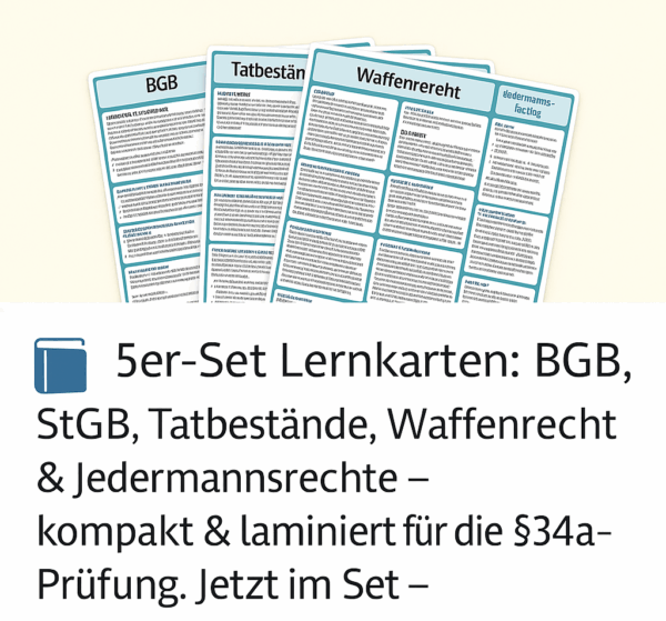 Rechts-Set: 5 laminierte A4-Karten zur §34a-Prüfung (BGB, StGB, Tatbestände, Waffenrecht, Jedermannsrechte)